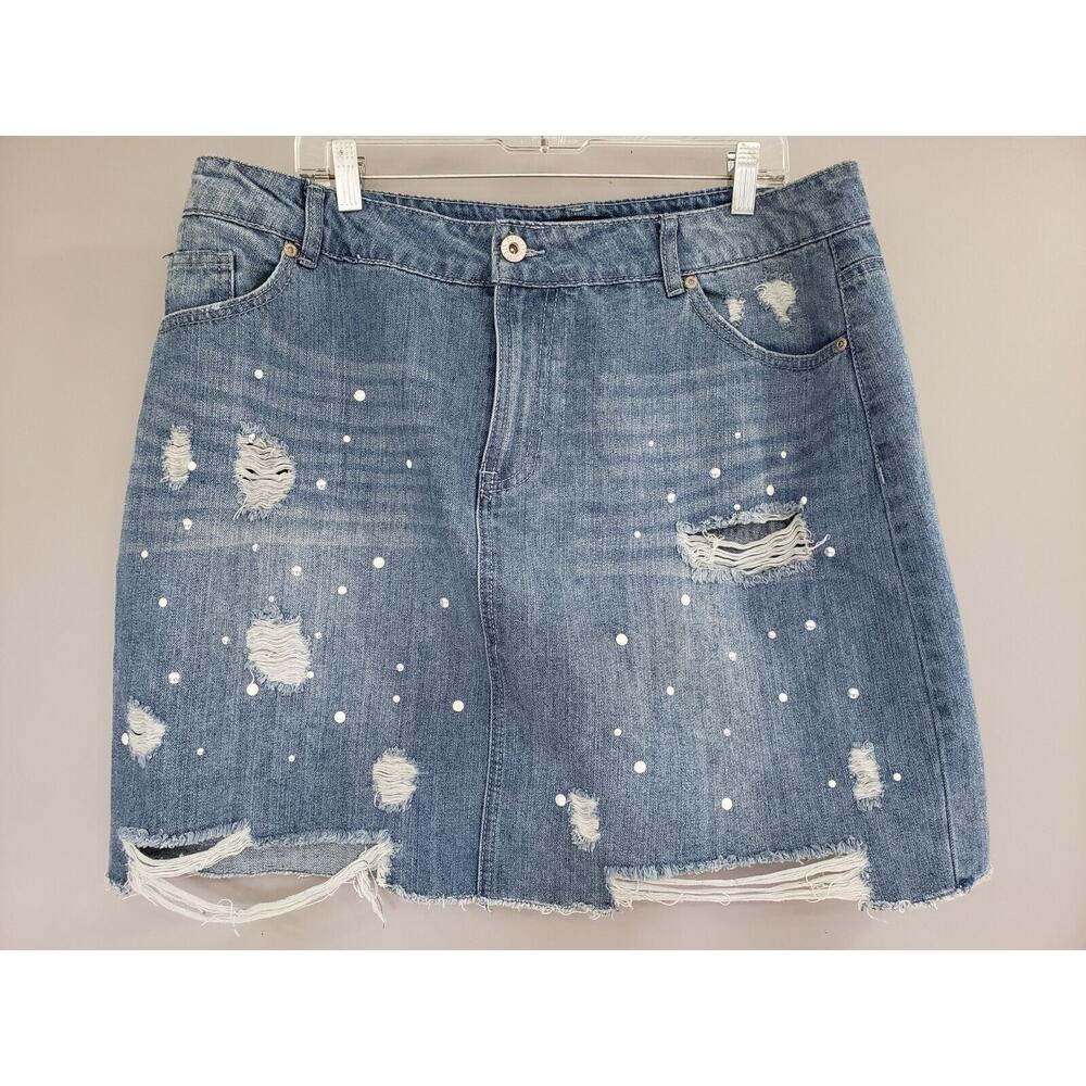 NEW PLUS‎ SIZE 18 Ashley Stewart Denim Skirt Pockets Distressed Rhinestone y2k
